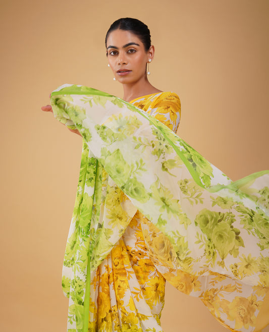 PURE PLATINUM CHIFFON OFF WHITE PRINTED SAREE WITH GREEN SELF-PRINTED PURE CREPE BLOUSE