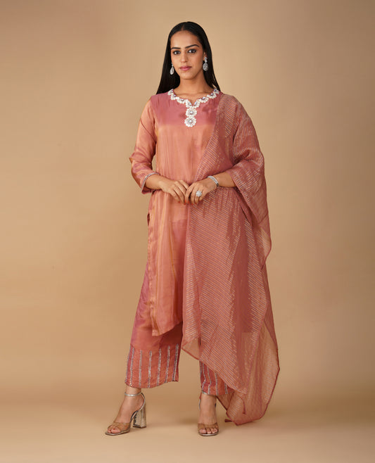 (DELIVERY IN 20 DAYS) RUST COLOUR TISSUE SUIT SET WITH SEQUINS EMBROIDERY, MATCHING PANTS & DUPATTA