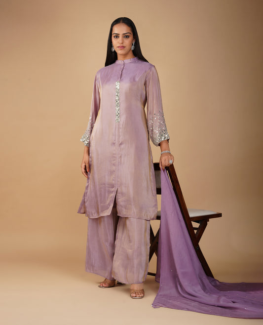 (DELIVERY IN 20 DAYS) MAUVE GEORGETTE TISSUE READYMADE SUIT WITH MIRROR EMBELLISHMENTS, PALAZZO & DUPATTA