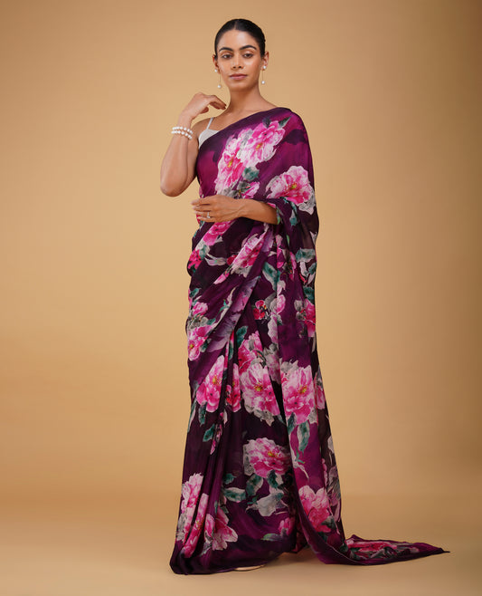 MAGENTA & PURPLE FLORAL PRINTED CHINON SAREE WITH PLAIN CREPE BLOUSE
