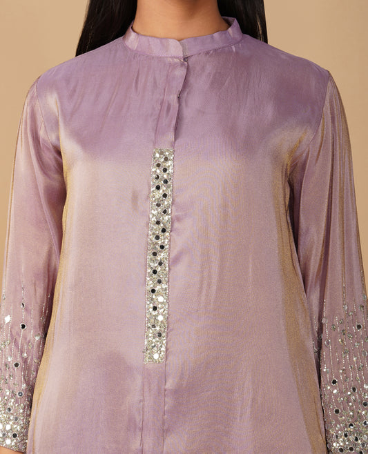 (DELIVERY IN 20 DAYS) MAUVE GEORGETTE TISSUE READYMADE SUIT WITH MIRROR EMBELLISHMENTS, PALAZZO & DUPATTA