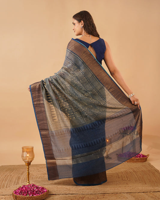 INDIGO BLUE AJRAKH PRINT CHANDERI SAREE WITH ANTIQUE ZARI BORDER