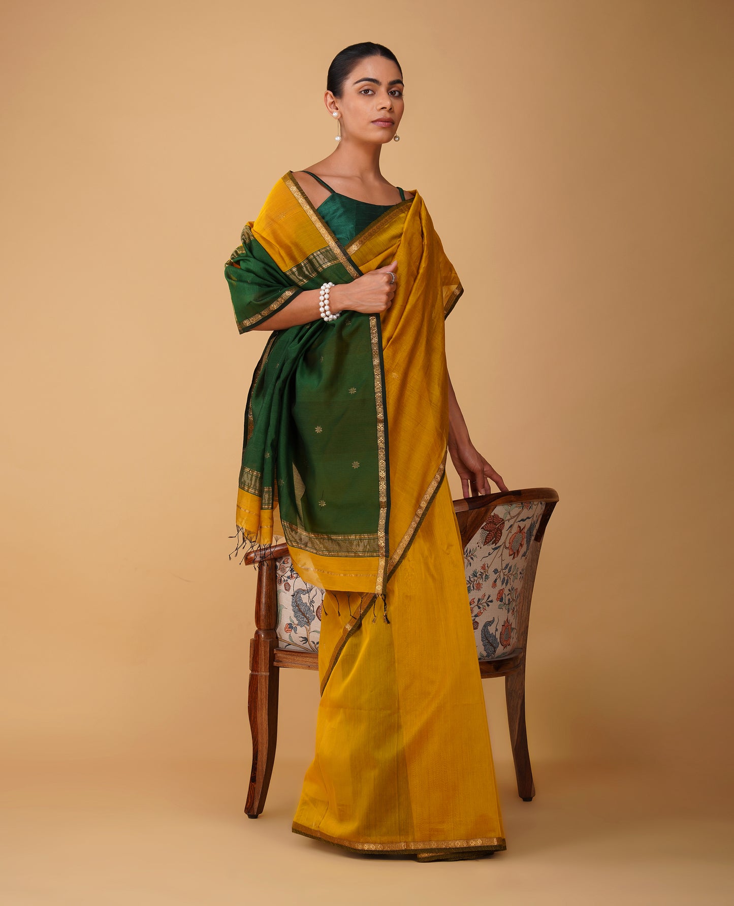 MUSTARD MAHESHWARI SAREE WITH BOTTLE GREEN CONTRAST PALLA & BLOUSE