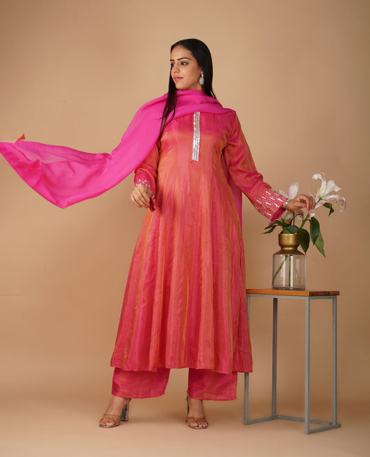 (DELIVERY IN 20 DAYS) DARK CORAL COLOUR SOFT GEORGETTE TISSUE READYMADE SUIT WITH SEQUINS WORK, PALAZZO & CONTRAST PINK DUPATTA
