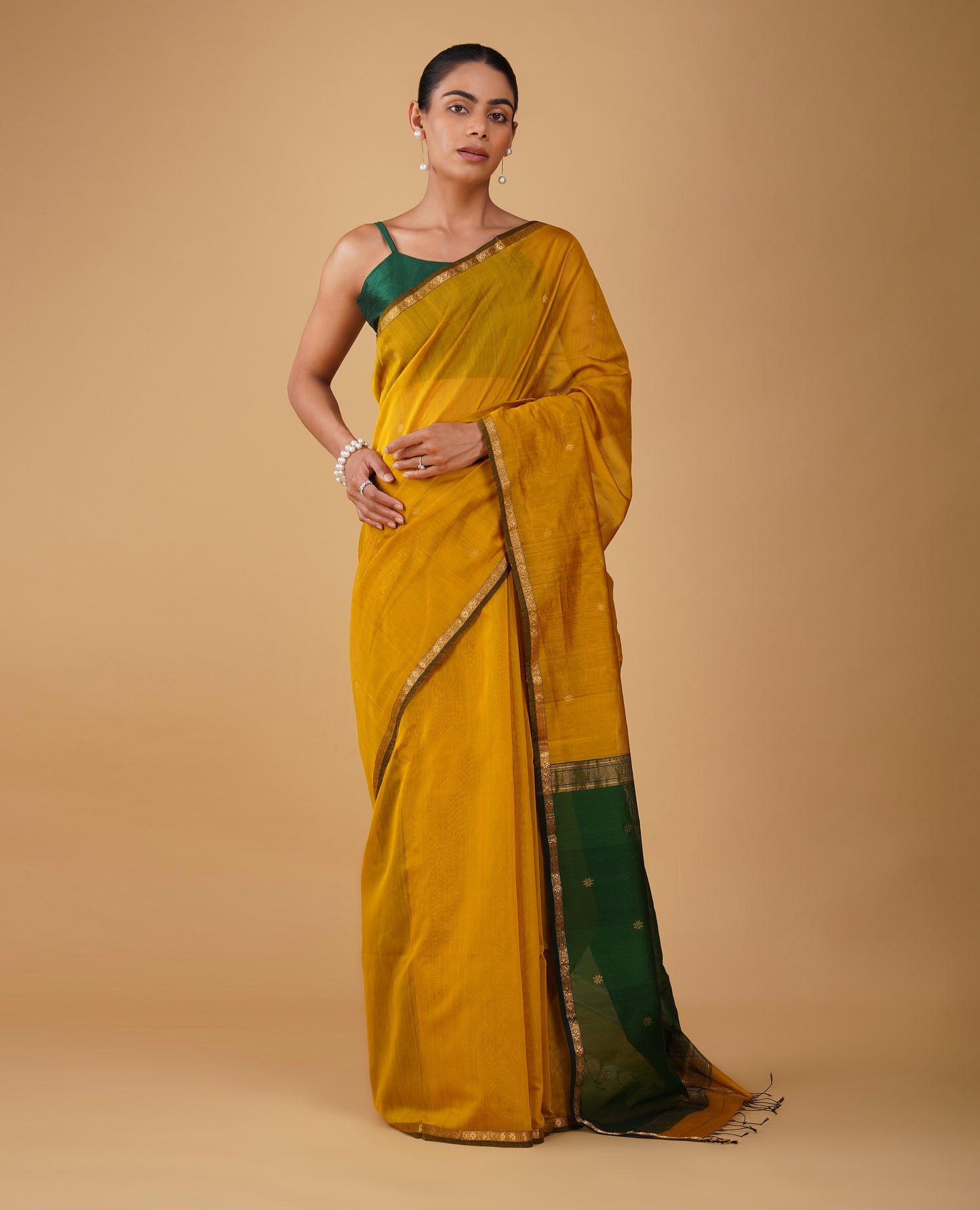 MUSTARD MAHESHWARI SAREE WITH BOTTLE GREEN CONTRAST PALLA & BLOUSE