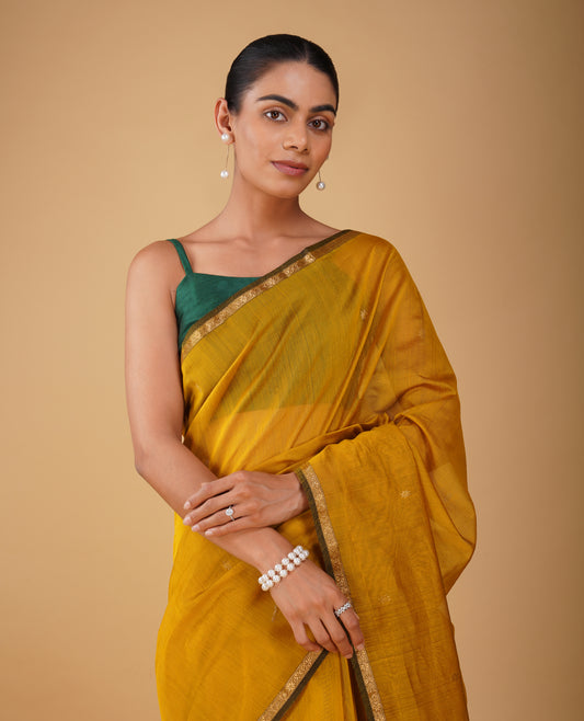 MUSTARD MAHESHWARI SAREE WITH BOTTLE GREEN CONTRAST PALLA & BLOUSE