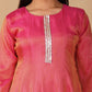 (DELIVERY IN 20 DAYS) DARK CORAL COLOUR SOFT GEORGETTE TISSUE READYMADE SUIT WITH SEQUINS WORK, PALAZZO & CONTRAST PINK DUPATTA
