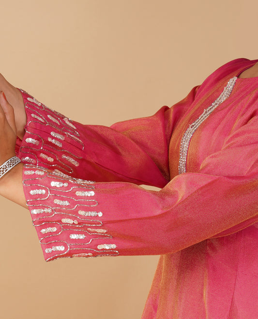 (DELIVERY IN 20 DAYS) DARK CORAL COLOUR SOFT GEORGETTE TISSUE READYMADE SUIT WITH SEQUINS WORK, PALAZZO & CONTRAST PINK DUPATTA