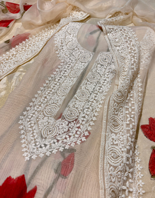 IVORY GEORGETTE SELF-RESHAM EMBROIDERED UNSTITCHED SUIT WITH RED LOTUS PRINT