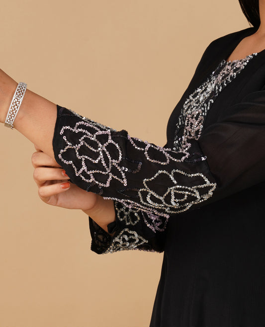 ( DELIVERY TIME 20 DAYS ) SEQUIN-EMBROIDERED BLACK CHINON ANARKALI SUIT WITH PANTS & DUPATTA