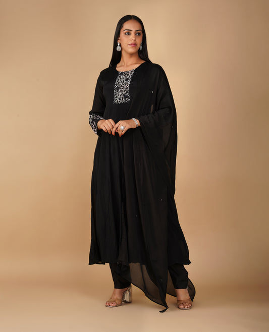 ( DELIVERY TIME 20 DAYS ) SEQUIN-EMBROIDERED BLACK CHINON ANARKALI SUIT WITH PANTS & DUPATTA