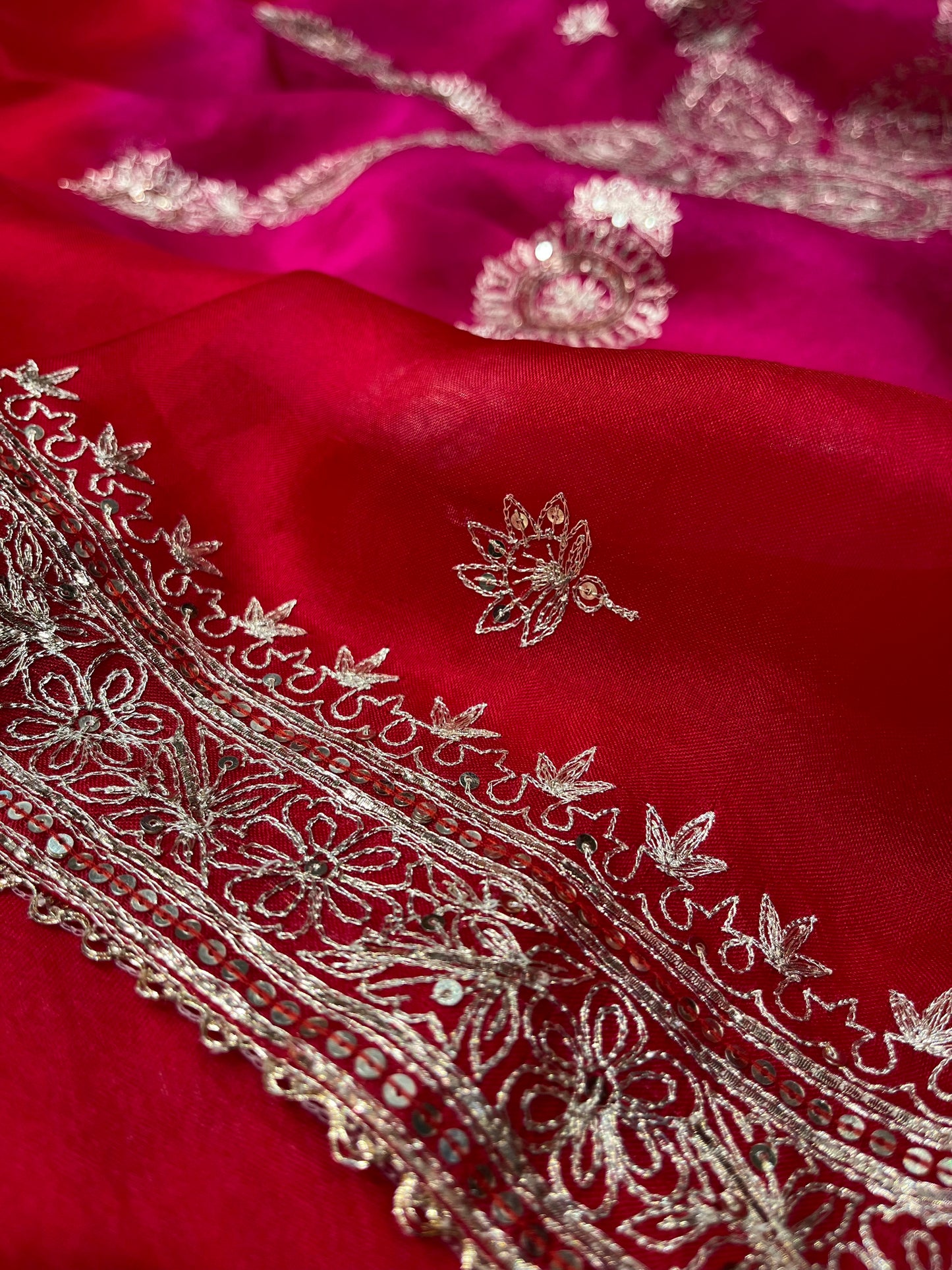 SHADED ORGANZA SAREE EMBELLISHED WITH AARI & SEQUIN WORK, PAIRED WITH A READYMADE BLOUSE