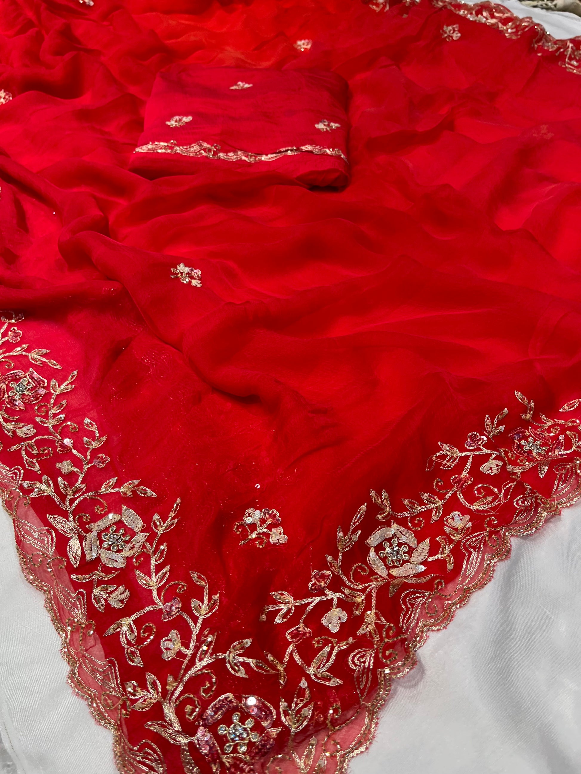 RED PURE CHIFFON EMBROIDERED SAREE WITH SEQUINS & CUTDANA WORK - Kothari Sons