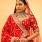 RED BRIDAL WEDDING LEHENGA WITH THREE-PANEL DESIGN, 6-METER FLAIR, DOUBLE DUPATTA, POTLI & EMBROIDERED TASSELS