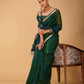 BOTTLE GREEN-BLUE SHADED MAHESHWARI SAREE WITH DIAMOND DRILL BORDER & ZARI STRIPES BLOUSE