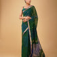 BOTTLE GREEN-BLUE SHADED MAHESHWARI SAREE WITH DIAMOND DRILL BORDER & ZARI STRIPES BLOUSE