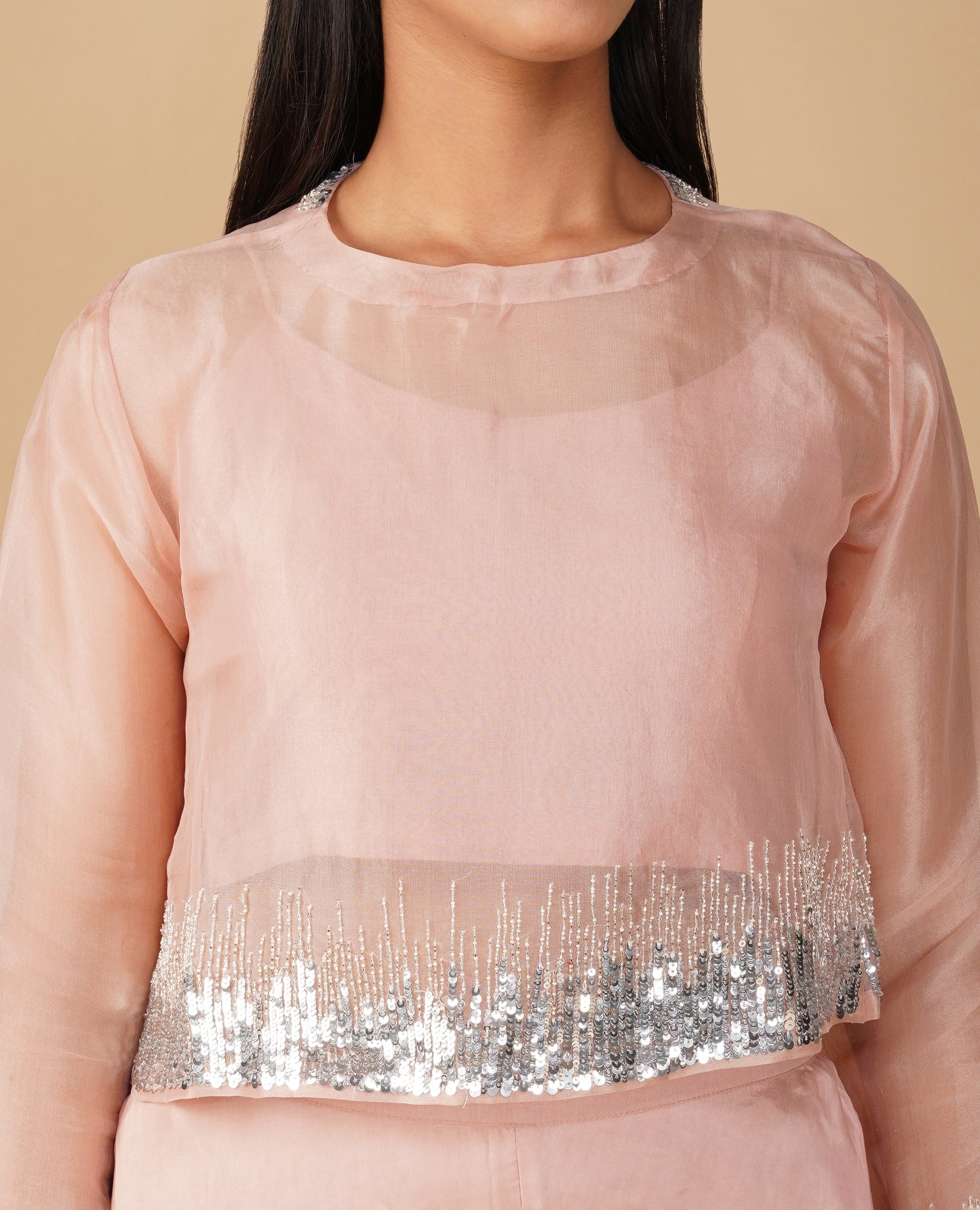 (DELIVERY IN 20 DAYS) LIGHT PINK ORGANZA INDO-WESTERN SET WITH SEQUINS EMBROIDERY AND FLARED PANTS