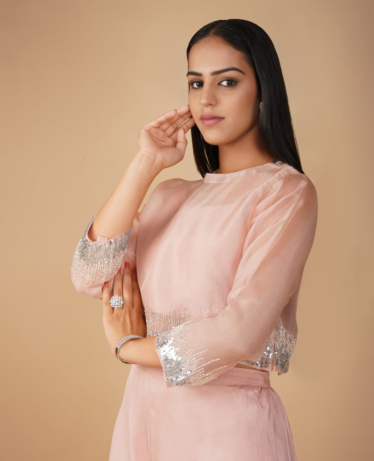 (DELIVERY IN 20 DAYS) LIGHT PINK ORGANZA INDO-WESTERN SET WITH SEQUINS EMBROIDERY AND FLARED PANTS