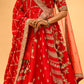 RED BRIDAL WEDDING LEHENGA WITH THREE-PANEL DESIGN, 6-METER FLAIR, DOUBLE DUPATTA, POTLI & EMBROIDERED TASSELS