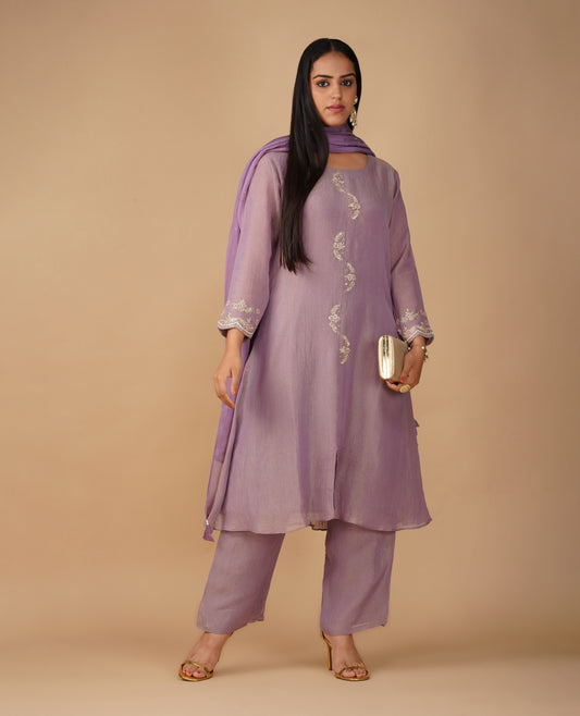 (DELIVERY IN 20 DAYS) MAUVE CRUSHED TISSUE READYMADE SUIT SET WITH ZARI EMBROIDERY PAIRED WITH PANTS & DUPATTA