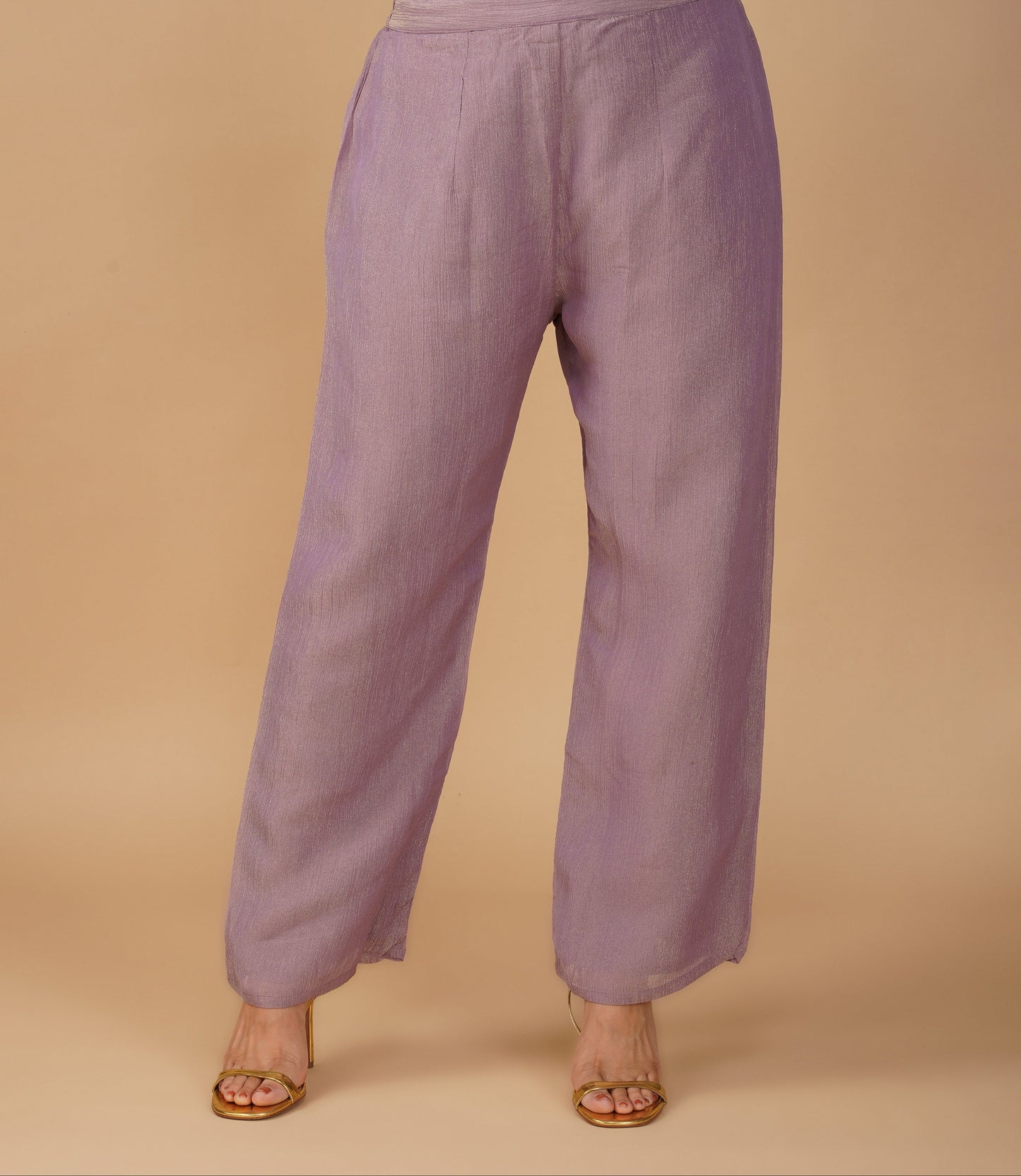 (DELIVERY IN 20 DAYS) MAUVE CRUSHED TISSUE READYMADE SUIT SET WITH ZARI EMBROIDERY PAIRED WITH PANTS & DUPATTA