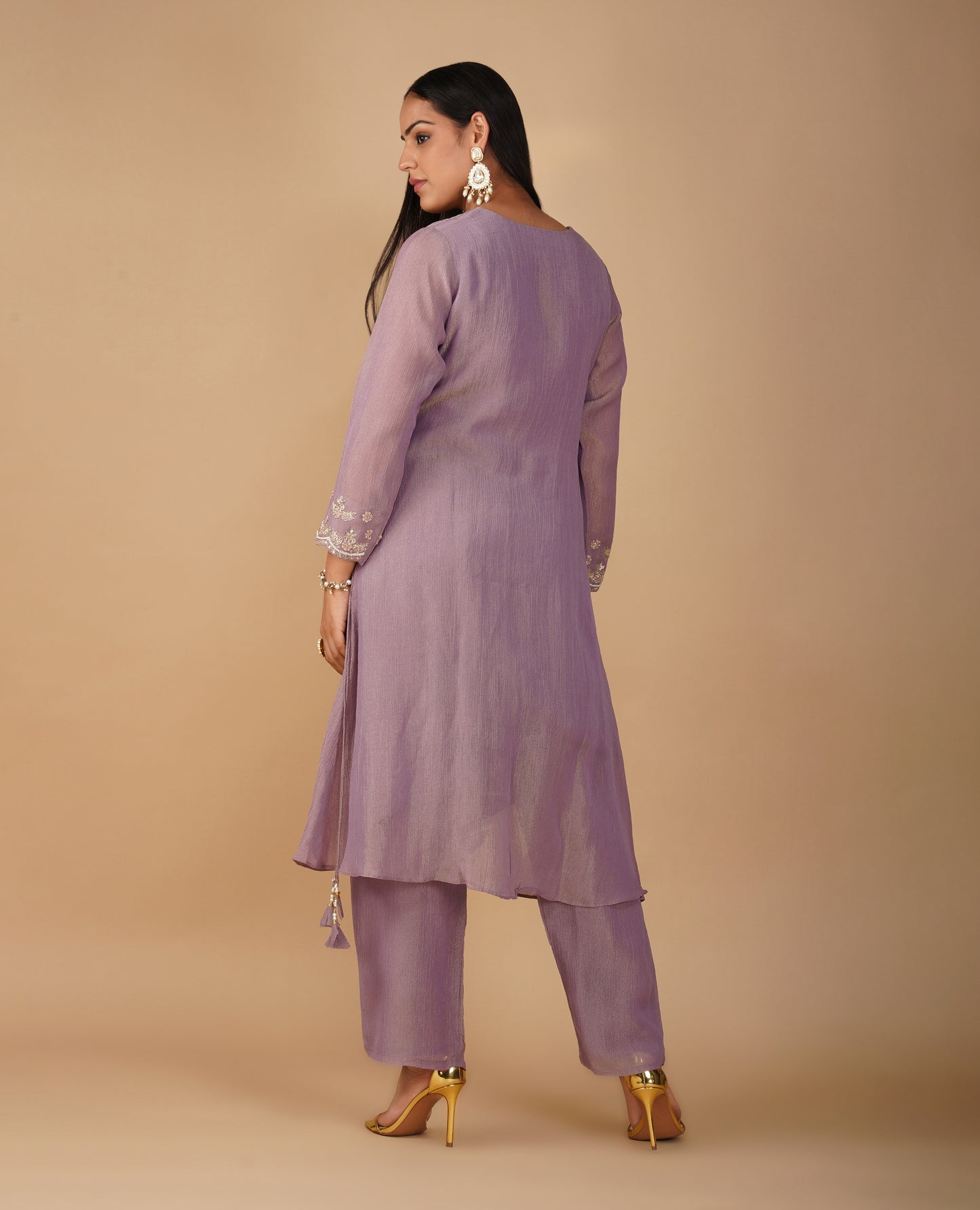 (DELIVERY IN 20 DAYS) MAUVE CRUSHED TISSUE READYMADE SUIT SET WITH ZARI EMBROIDERY PAIRED WITH PANTS & DUPATTA