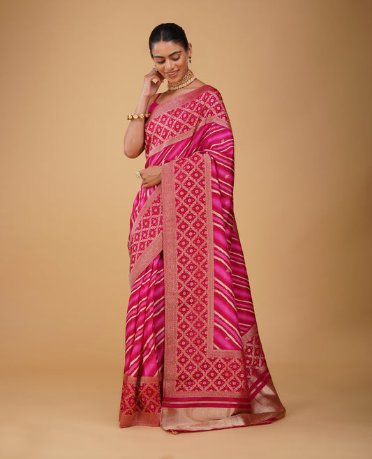 PLANT-BASED SILK LEHERIYA SAREE WITH BANARASI BANDHANI BORDER & PALLA