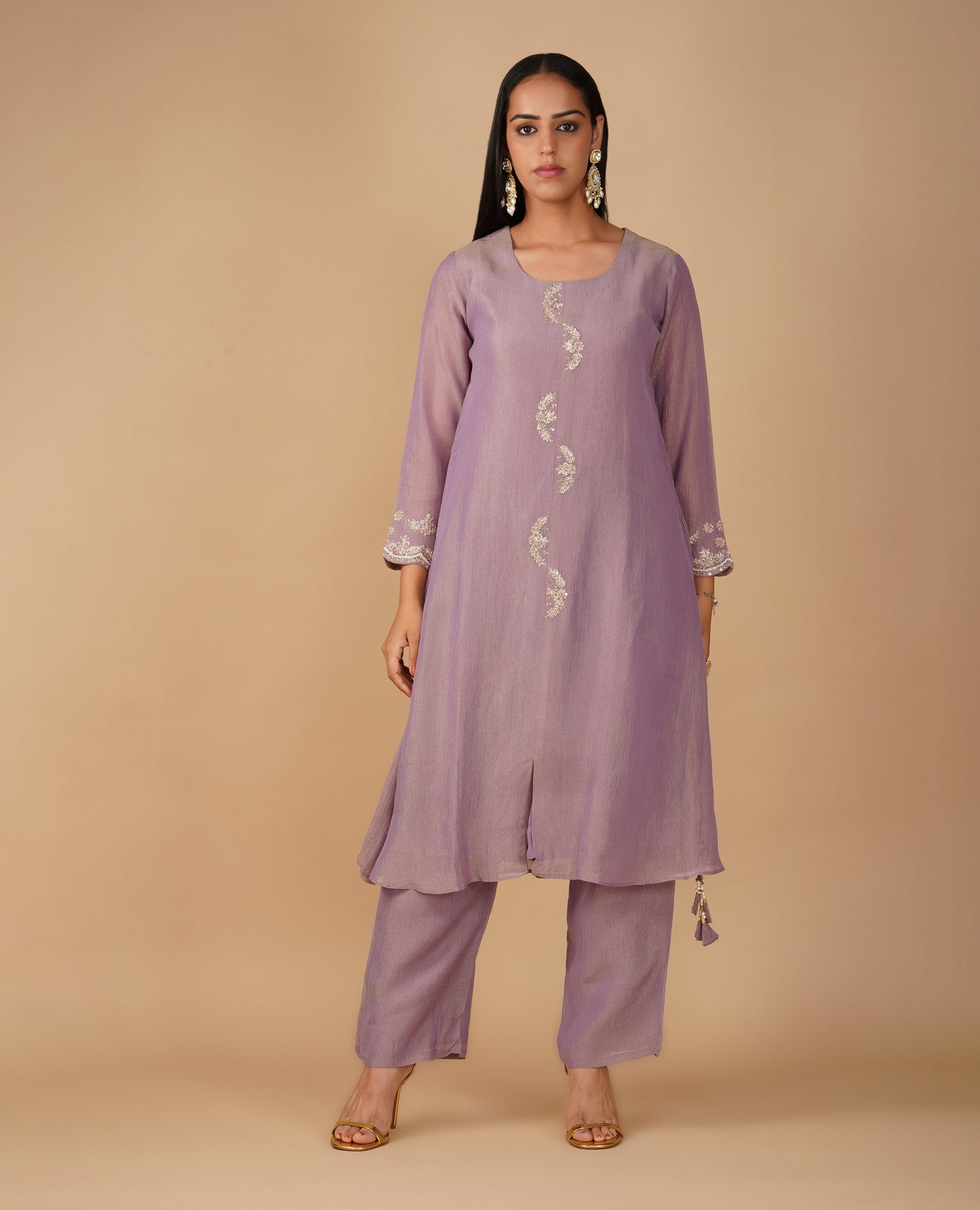 (DELIVERY IN 20 DAYS) MAUVE CRUSHED TISSUE READYMADE SUIT SET WITH ZARI EMBROIDERY PAIRED WITH PANTS & DUPATTA