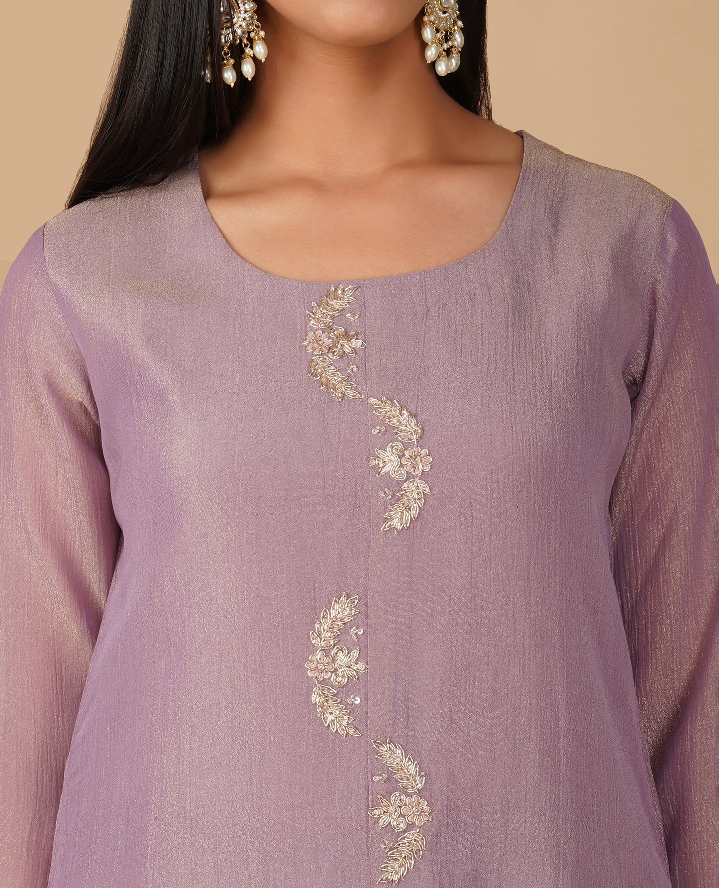 (DELIVERY IN 20 DAYS) MAUVE CRUSHED TISSUE READYMADE SUIT SET WITH ZARI EMBROIDERY PAIRED WITH PANTS & DUPATTA