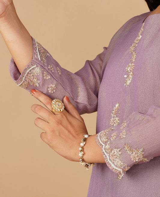 (DELIVERY IN 20 DAYS) MAUVE CRUSHED TISSUE READYMADE SUIT SET WITH ZARI EMBROIDERY PAIRED WITH PANTS & DUPATTA
