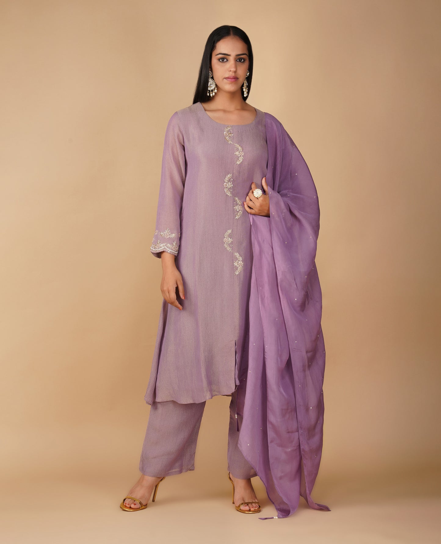 (DELIVERY IN 20 DAYS) MAUVE CRUSHED TISSUE READYMADE SUIT SET WITH ZARI EMBROIDERY PAIRED WITH PANTS & DUPATTA
