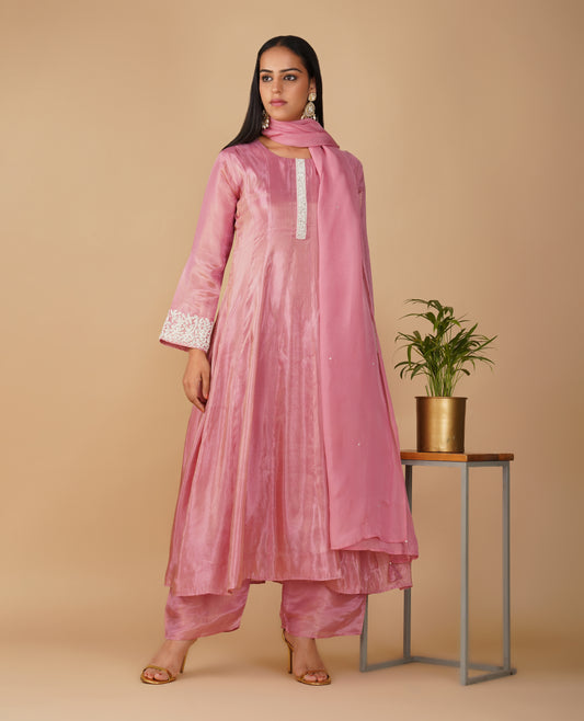 (DELIVERY IN 20 DAYS) DUSTY ROSE PINK TISSUE FABRIC READYMADE SUIT WITH PEARL EMBROIDERY, PALAZZO & DUPATTA