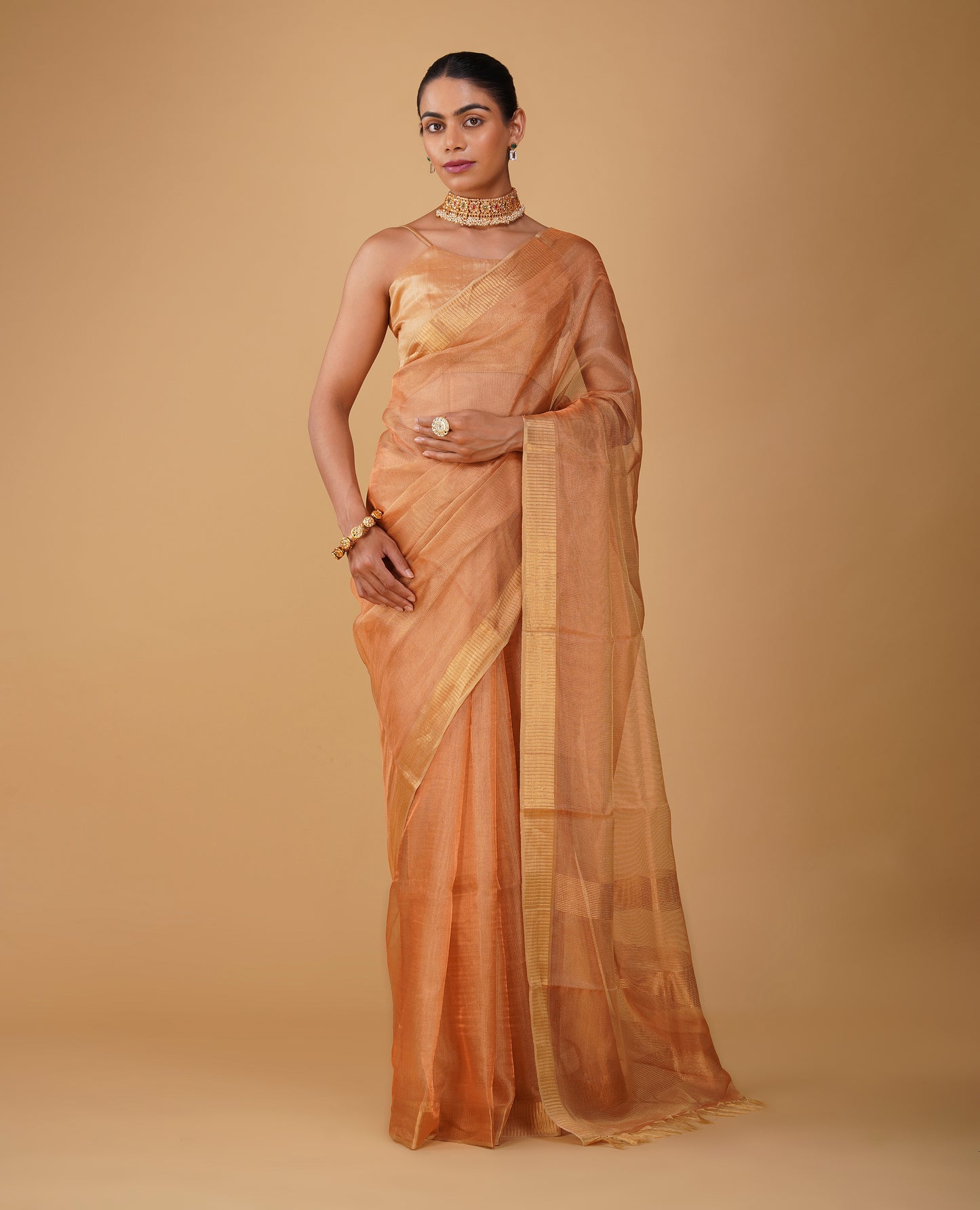 COPPER MOCK LENO WEAVE MAHESHWARI SAREE WITH PIANO PATTERN DRILL BORDER & MATCHING BLOUSE