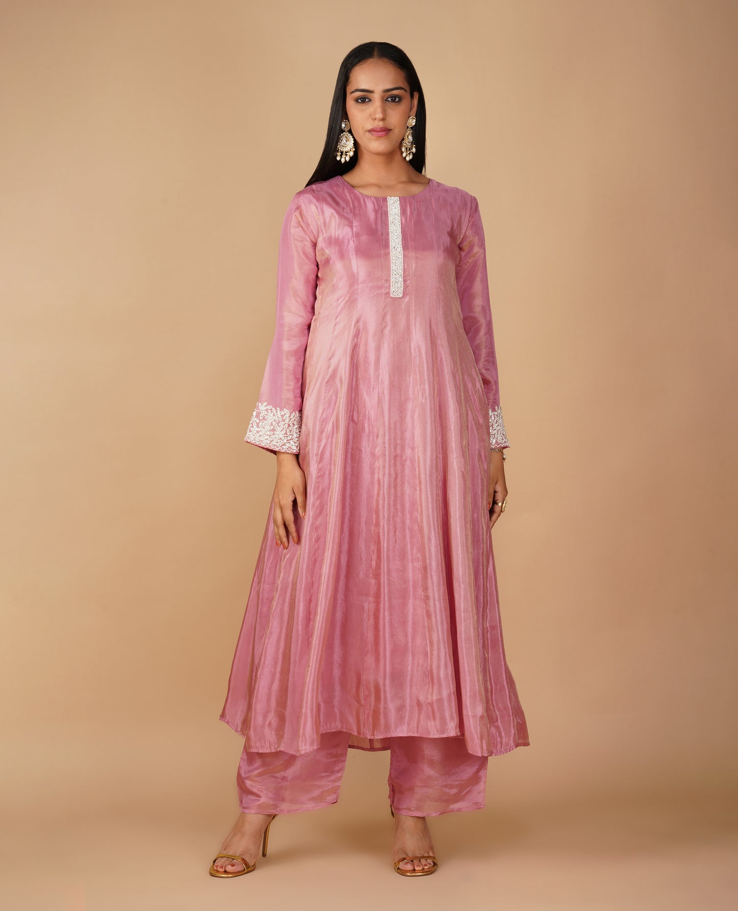 (DELIVERY IN 20 DAYS) DUSTY ROSE PINK TISSUE FABRIC READYMADE SUIT WITH PEARL EMBROIDERY, PALAZZO & DUPATTA