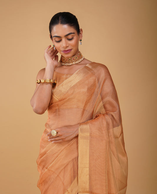 COPPER MOCK LENO WEAVE MAHESHWARI SAREE WITH PIANO PATTERN DRILL BORDER & MATCHING BLOUSE