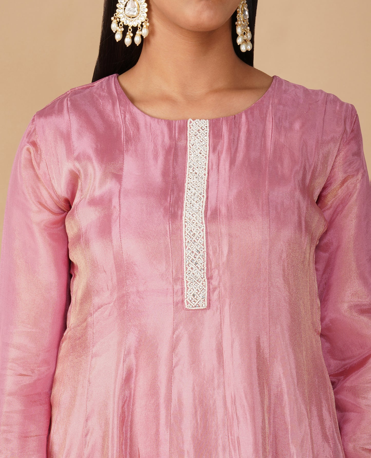 (DELIVERY IN 20 DAYS) DUSTY ROSE PINK TISSUE FABRIC READYMADE SUIT WITH PEARL EMBROIDERY, PALAZZO & DUPATTA
