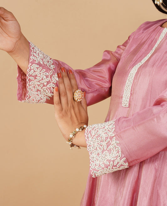 (DELIVERY IN 20 DAYS) DUSTY ROSE PINK TISSUE FABRIC READYMADE SUIT WITH PEARL EMBROIDERY, PALAZZO & DUPATTA