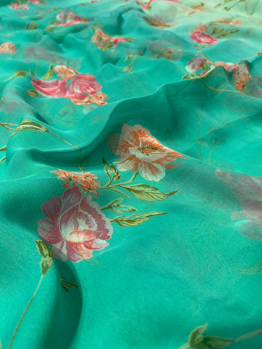 TURQUOISE COLOUR SHADED CHIFFON FLORAL PRINTED SAREE
