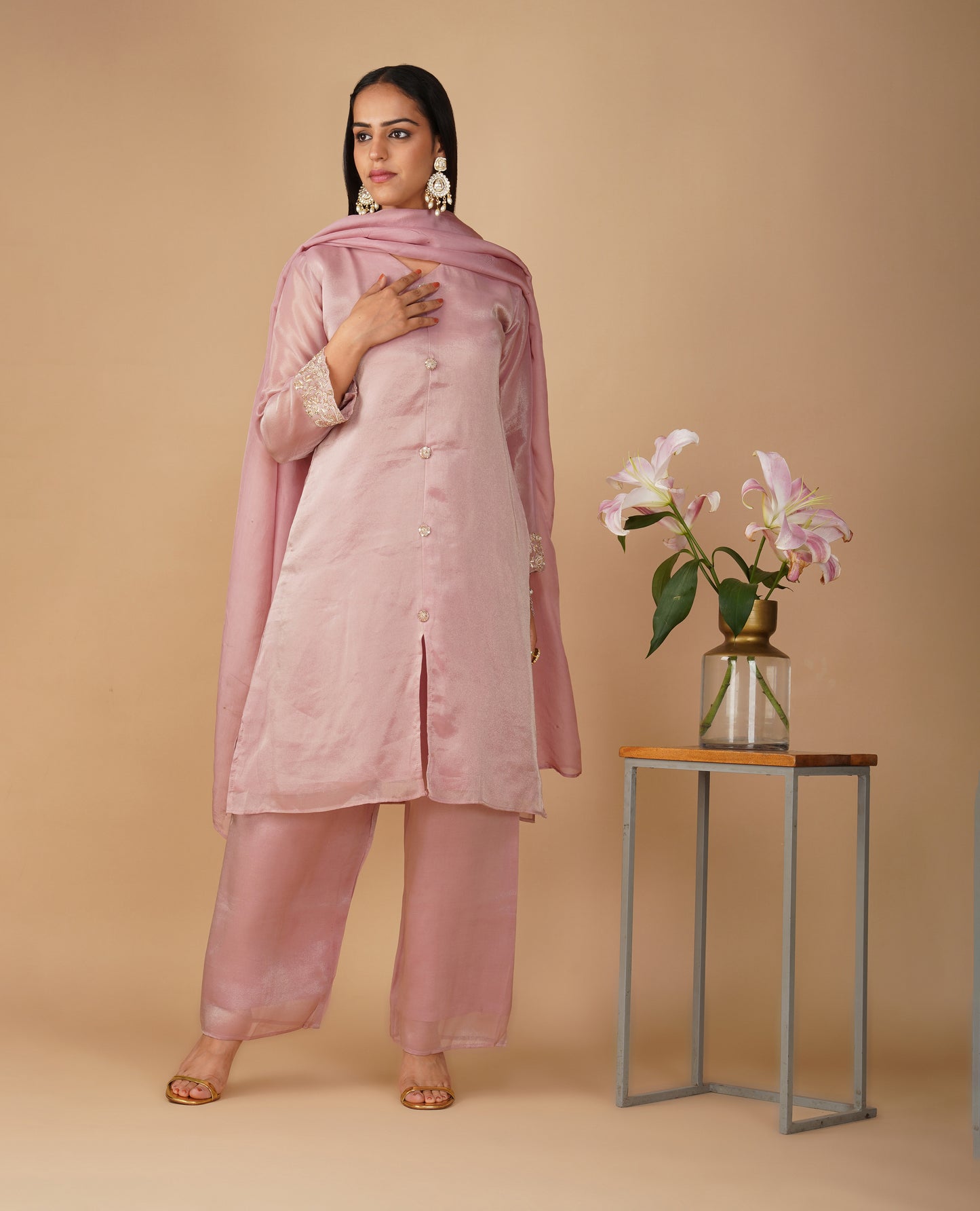 (DELIVERY IN 20 DAYS) PINK ZARDOZI EMBROIDERED SOFT GEORGETTE TISSUE SUIT WITH  PANTS & ORGANZA DUPATTA