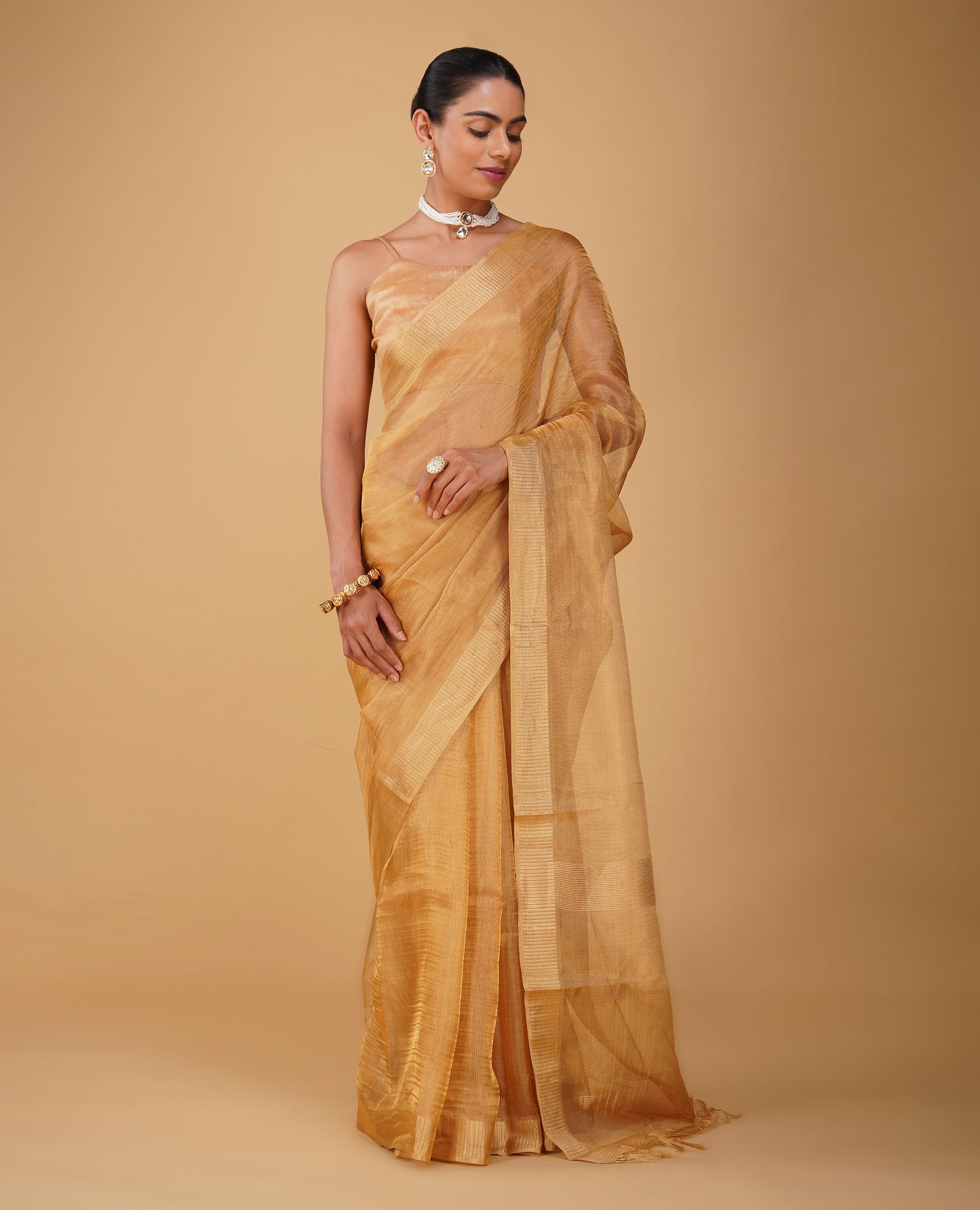 GOLDEN MOCK LENO WEAVE MAHESHWARI SAREE WITH PIANO PATTERN DRILL BORDER & MATCHING BLOUSE