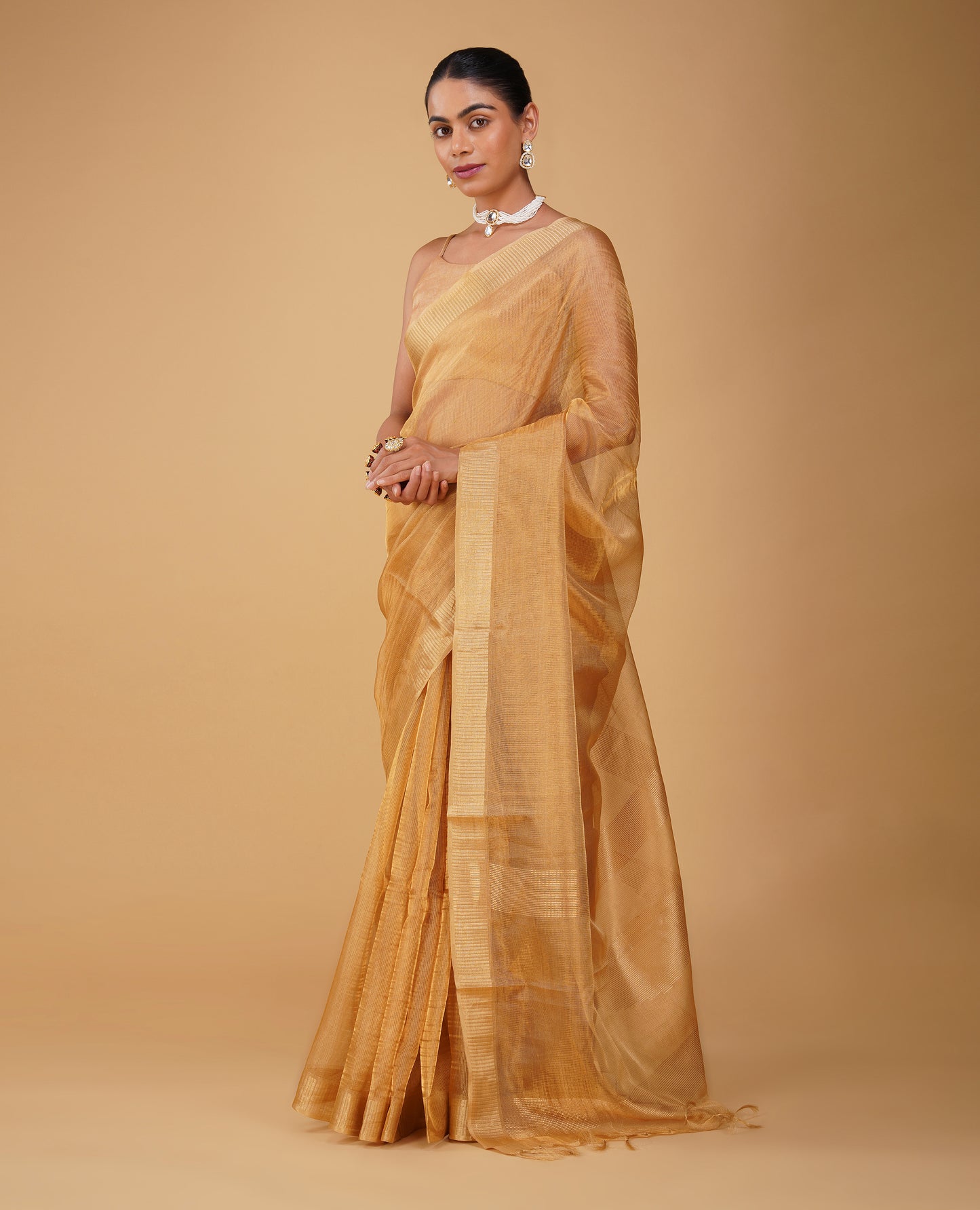 GOLDEN MOCK LENO WEAVE MAHESHWARI SAREE WITH PIANO PATTERN DRILL BORDER & MATCHING BLOUSE
