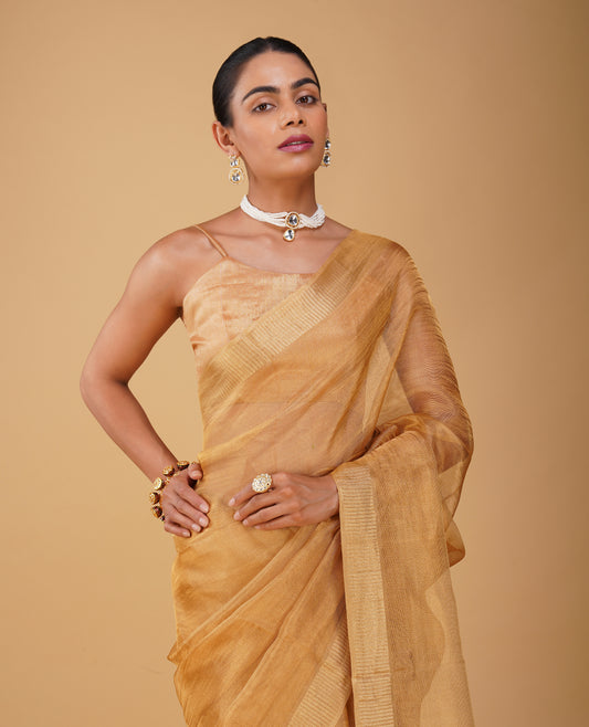 GOLDEN MOCK LENO WEAVE MAHESHWARI SAREE WITH PIANO PATTERN DRILL BORDER & MATCHING BLOUSE