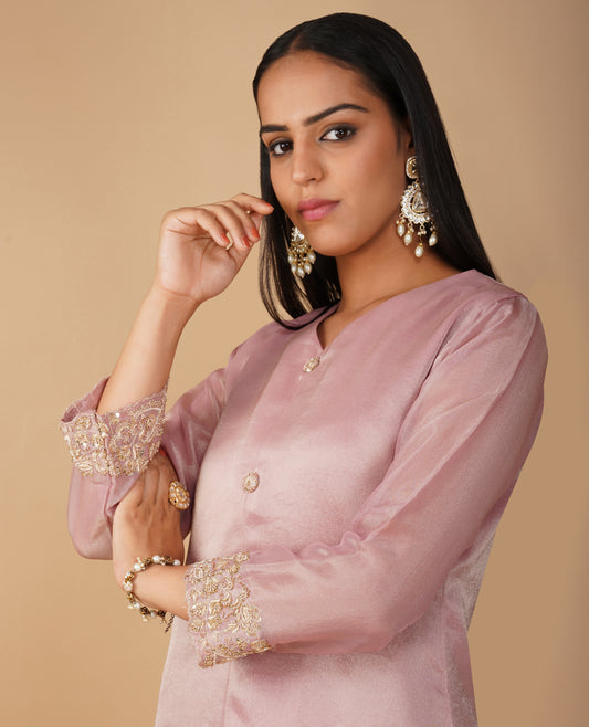 (DELIVERY IN 20 DAYS) PINK ZARDOZI EMBROIDERED SOFT GEORGETTE TISSUE SUIT WITH  PANTS & ORGANZA DUPATTA