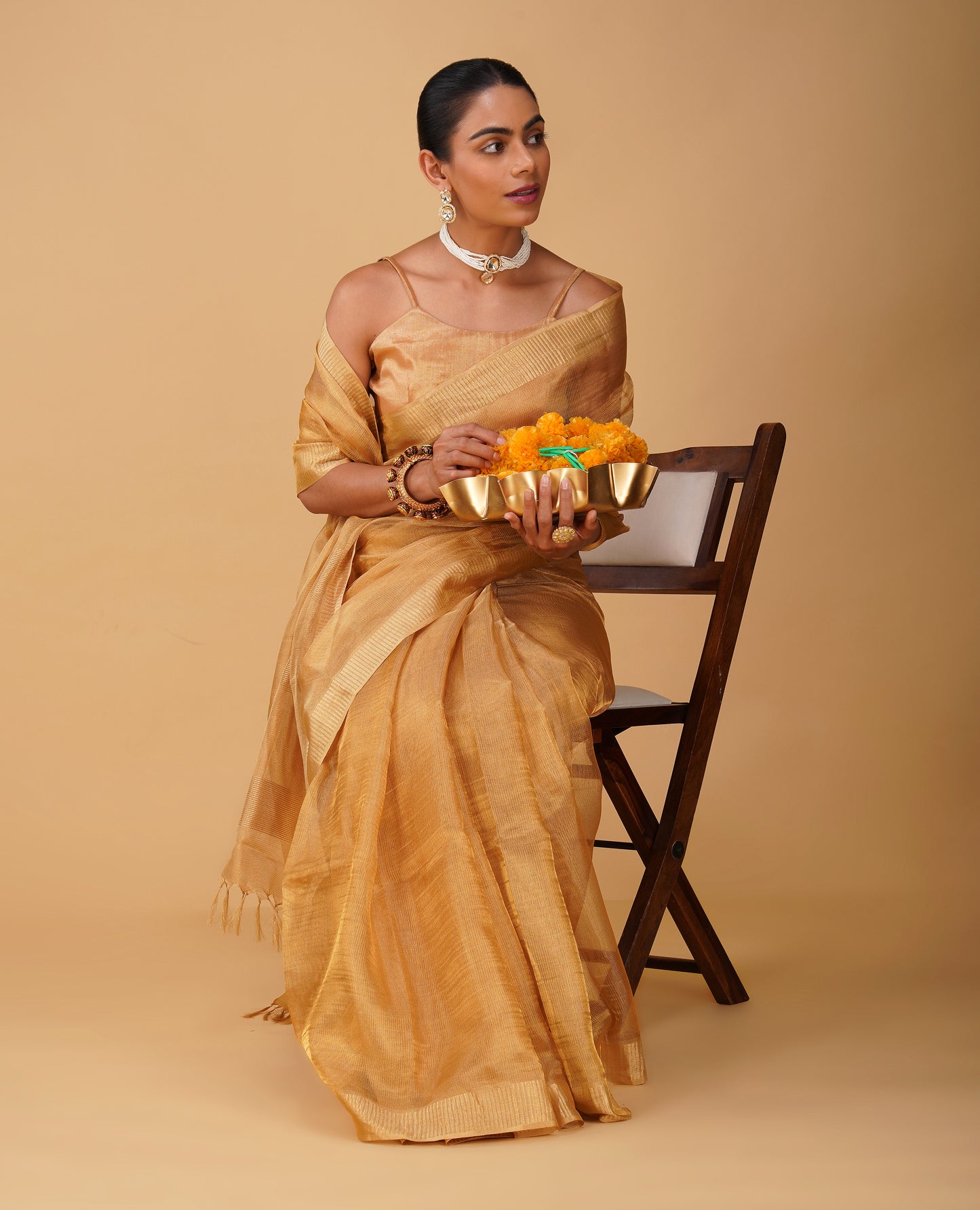 GOLDEN MOCK LENO WEAVE MAHESHWARI SAREE WITH PIANO PATTERN DRILL BORDER & MATCHING BLOUSE