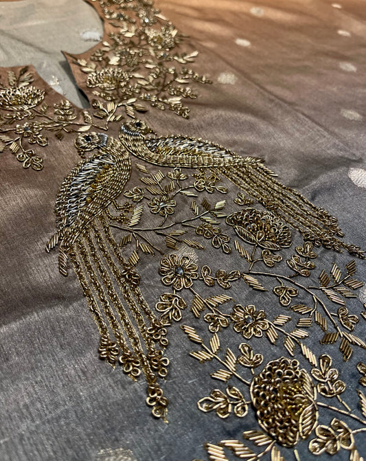 SILK SHADED UNSTITCHED SUIT SET EMBELLISHED WITH ZARDOZI WORK (DELIVERY IN 20 DAYS)