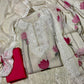 IVORY GEORGETTE SELF-RESHAM EMBROIDERED UNSTITCHED SUIT WITH PINK LOTUS PRINT