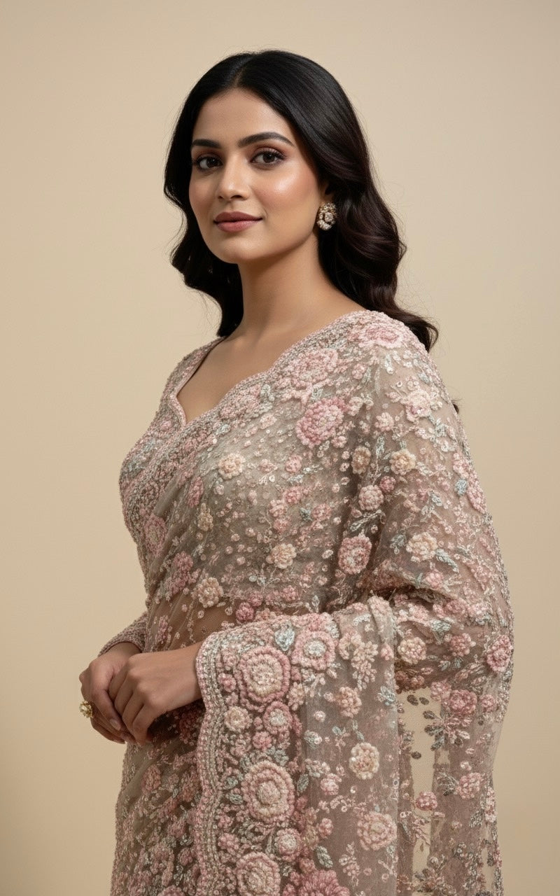 PASTEL NET EMBROIDERED SAREE WITH READYMADE BLOUSE EMBELLISHED WITH RESHAM, CUTDANA & PEARL WORK