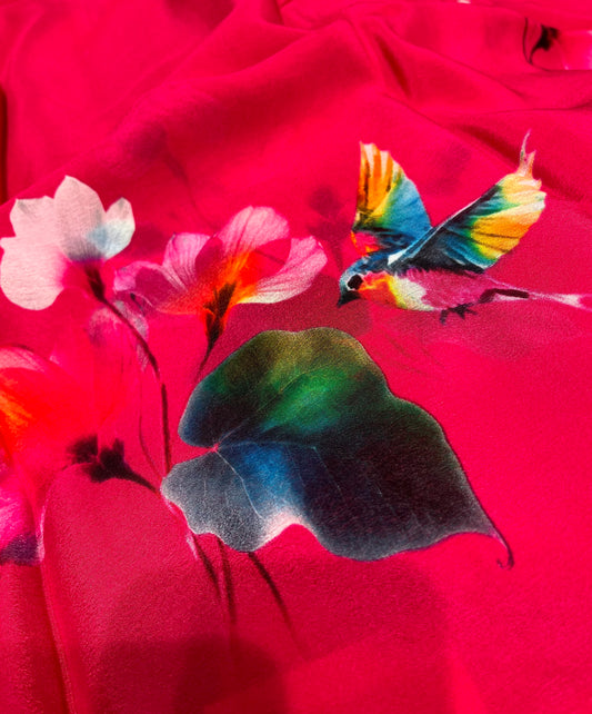 HOT PINK CHINON PRINTED SAREE PAIRED WITH A PLAIN CREPE BLOUSE (DELIVERY IN 20 DAYS)