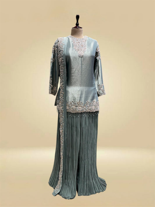 STEEL BLUE PURE TISSUE SHORT KURTI WITH PLEATED PALAZZO PANTS AND DUPATTA EMBELLISHED WITH BEADS & SEQUINS WORK (DELIVERY IN 20 DAYS)