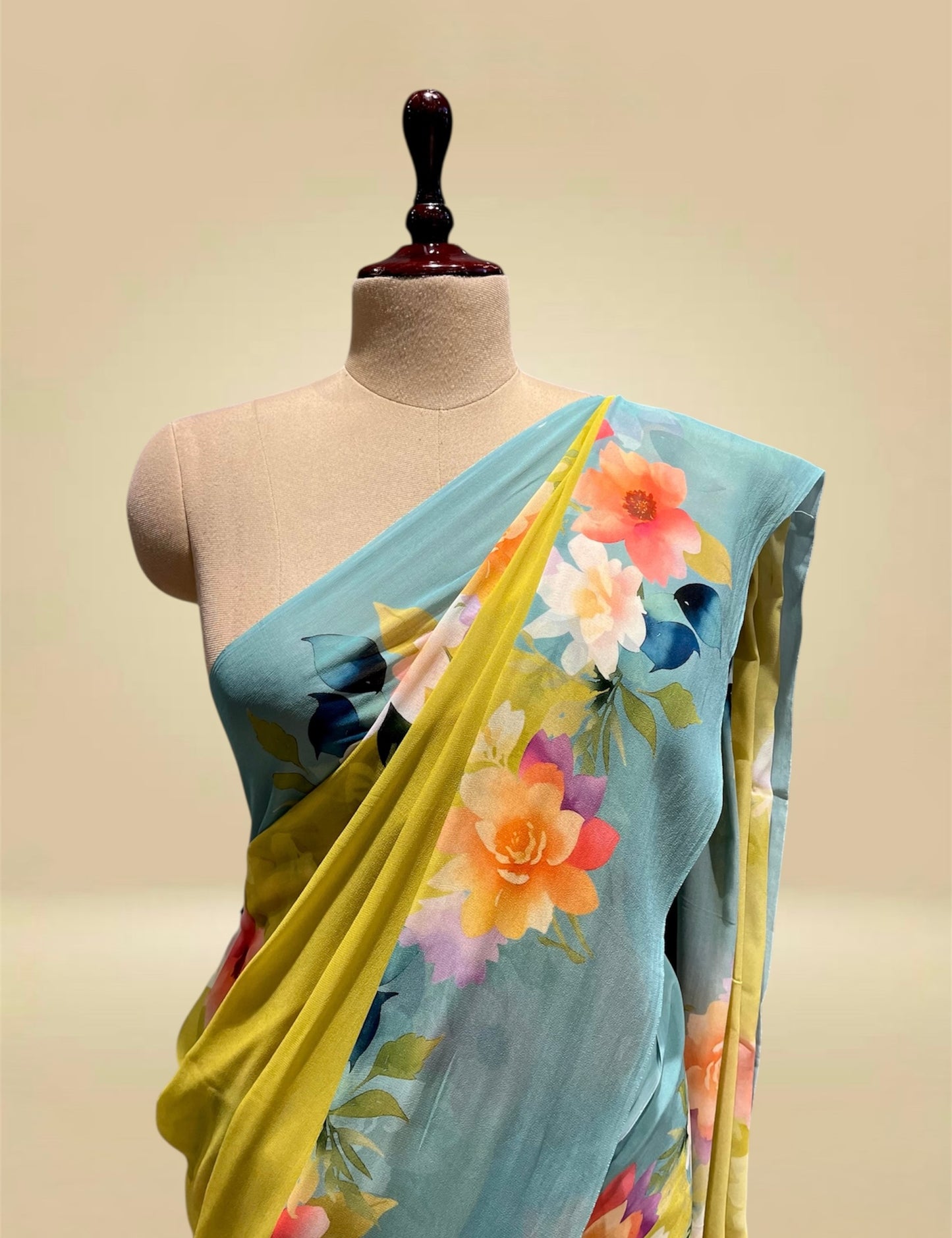 OLIVE YELLOW & MUTED TEAL BLUE PURE GEORGETTE FLORAL PRINTED SAREE (DELIVERY IN 20 DAYS)